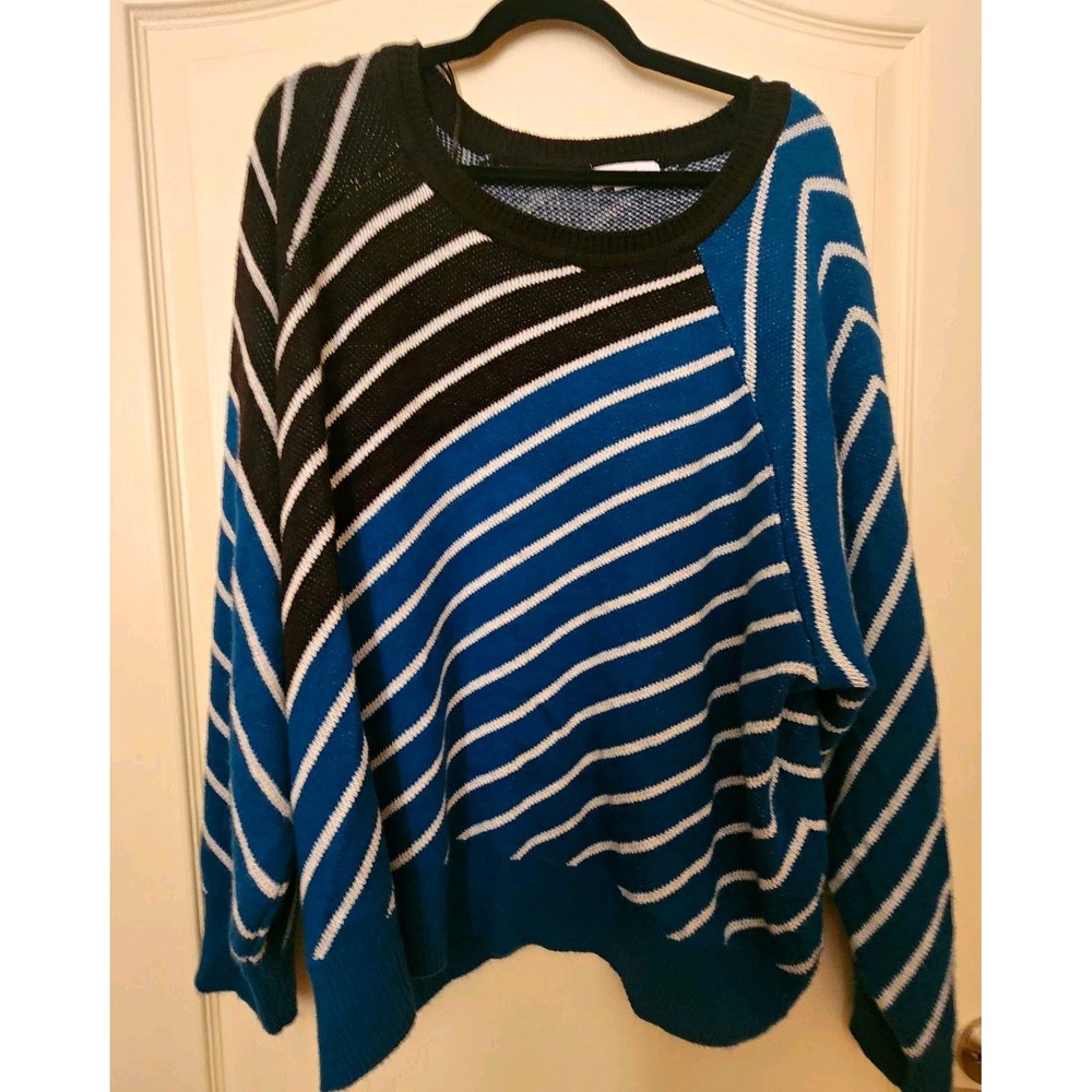 Liz Claiborne Womens Plus 3XL Blue Black White Stripe Crewneck Knit Sweater